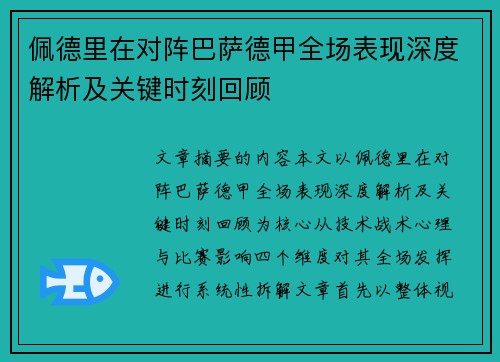 佩德里在对阵巴萨德甲全场表现深度解析及关键时刻回顾
